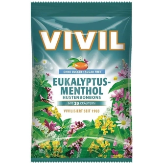 Cukierki ziołowe Eukaliptus z mentolem  + 20 ziól  bez cukru 80 g Vivil